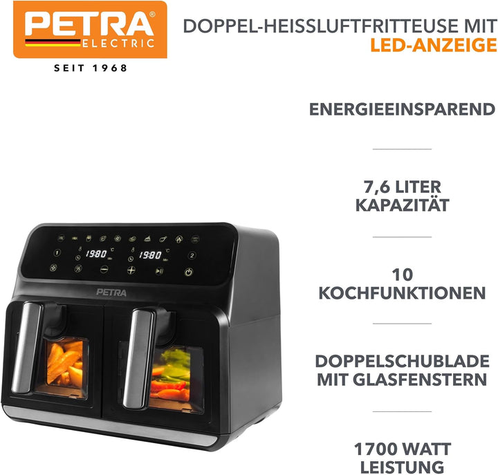 Petra PT5196GWVDE 7,6-l-Doppel-Heissluftfritteuse - Fritteuse ohne Öl, Ölfreier Kocher, Doppelschubl