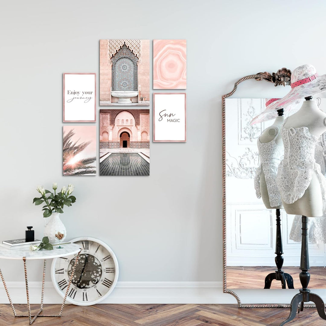 Novart Bilder Set - AUFHÄNGFERTIG - KEIN EXTRA RAHMEN BENÖTIGT - Oriental Marokko Palme Modern Rosa