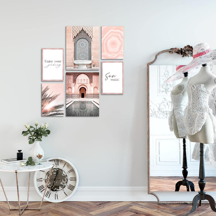 Novart Bilder Set - AUFHÄNGFERTIG - KEIN EXTRA RAHMEN BENÖTIGT - Oriental Marokko Palme Modern Rosa