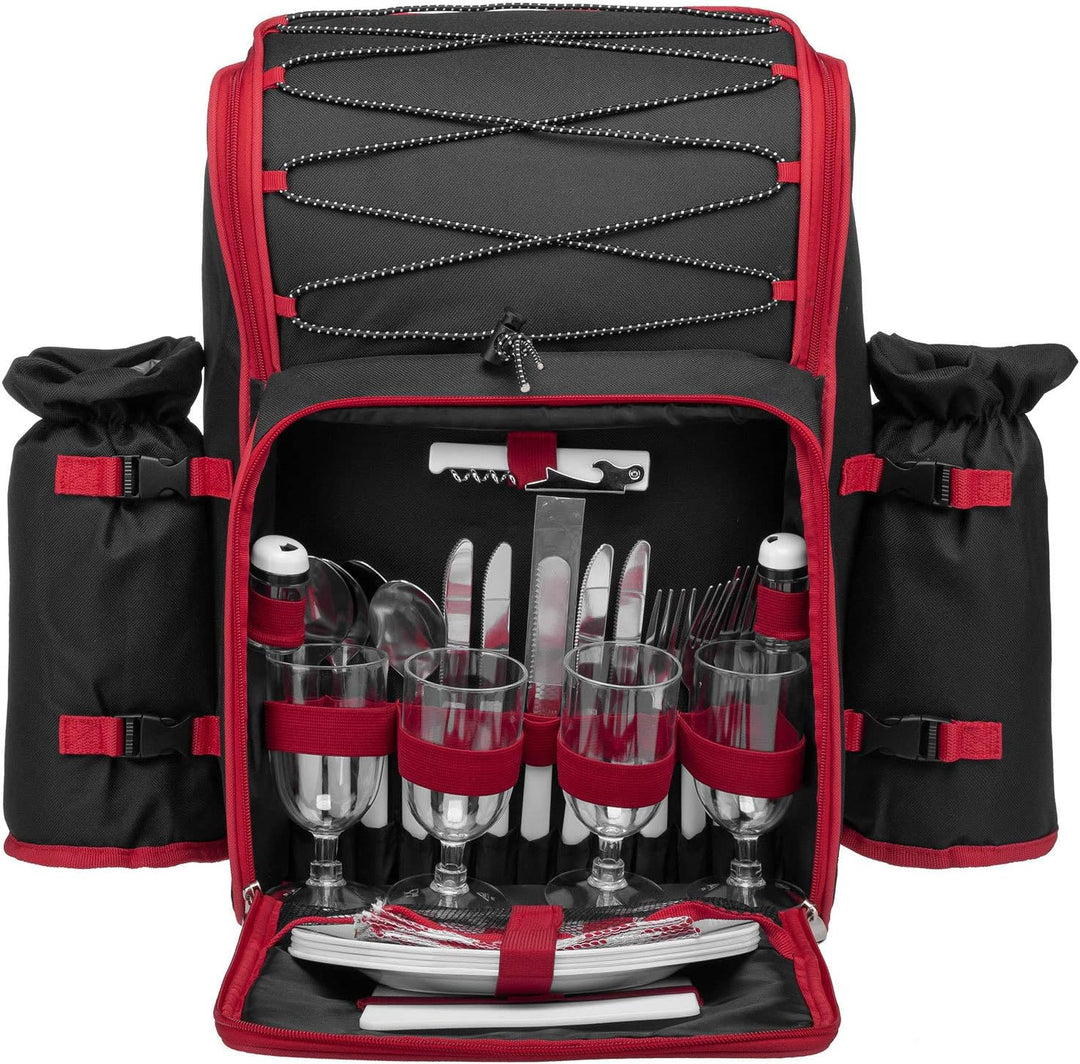 anndora Picknickrucksack 4 Personen schwarz weiss gepunktet + 29-TLG. Zubehör