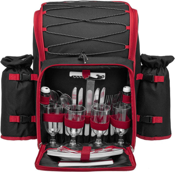 anndora Picknickrucksack 4 Personen schwarz weiss gepunktet + 29-TLG. Zubehör