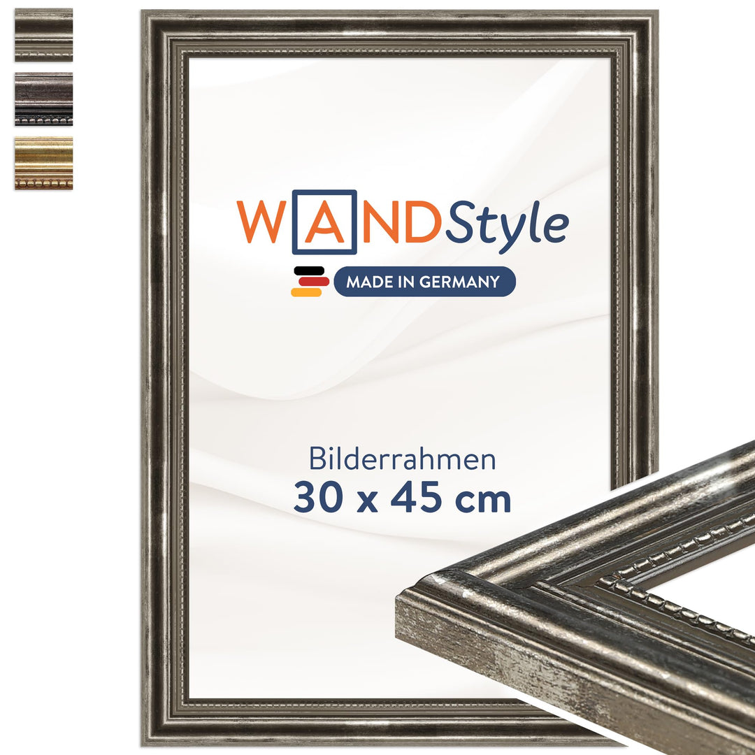 WANDStyle Bilderrahmen Antik 30x45cm I Farbe: Silber I Holzbilderrahmen I Fotorahmen I Silberner Bar