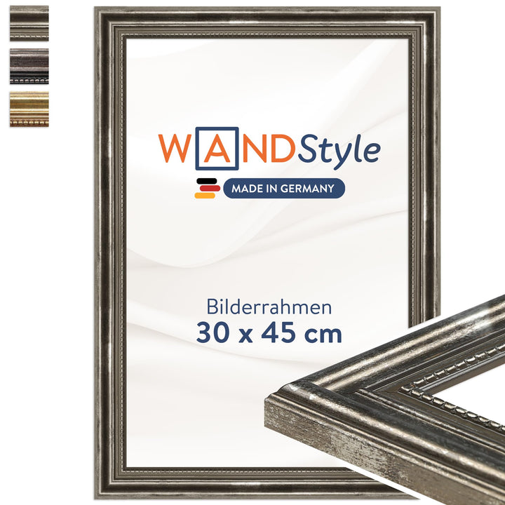 WANDStyle Bilderrahmen Antik 30x45cm I Farbe: Silber I Holzbilderrahmen I Fotorahmen I Silberner Bar