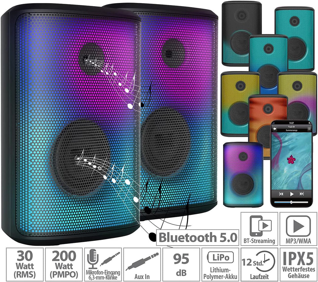 auvisio Musikbox: 2er-Set Mobile Outdoor-PA-Partyanlagen & -Bluetooth-Boomboxen, 200 W (Party Anlage