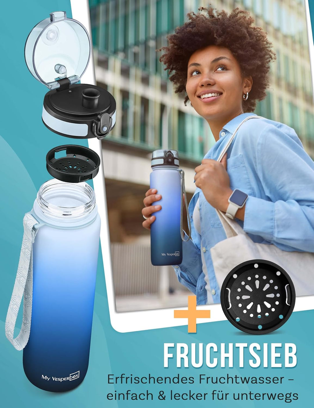 My Vesperbox® Trinkflasche Kinder [1000ML] - Wasserflasche Kohlensäure Geeignet & Auslaufsicher - Wa