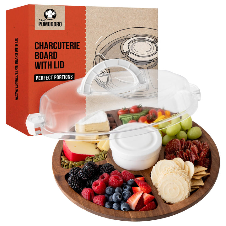 Chef Pomodoro Rundes Charcuterie Board mit Deckel (34 cm) – tragbares Käsebrett, Käseplatte, Holzpla
