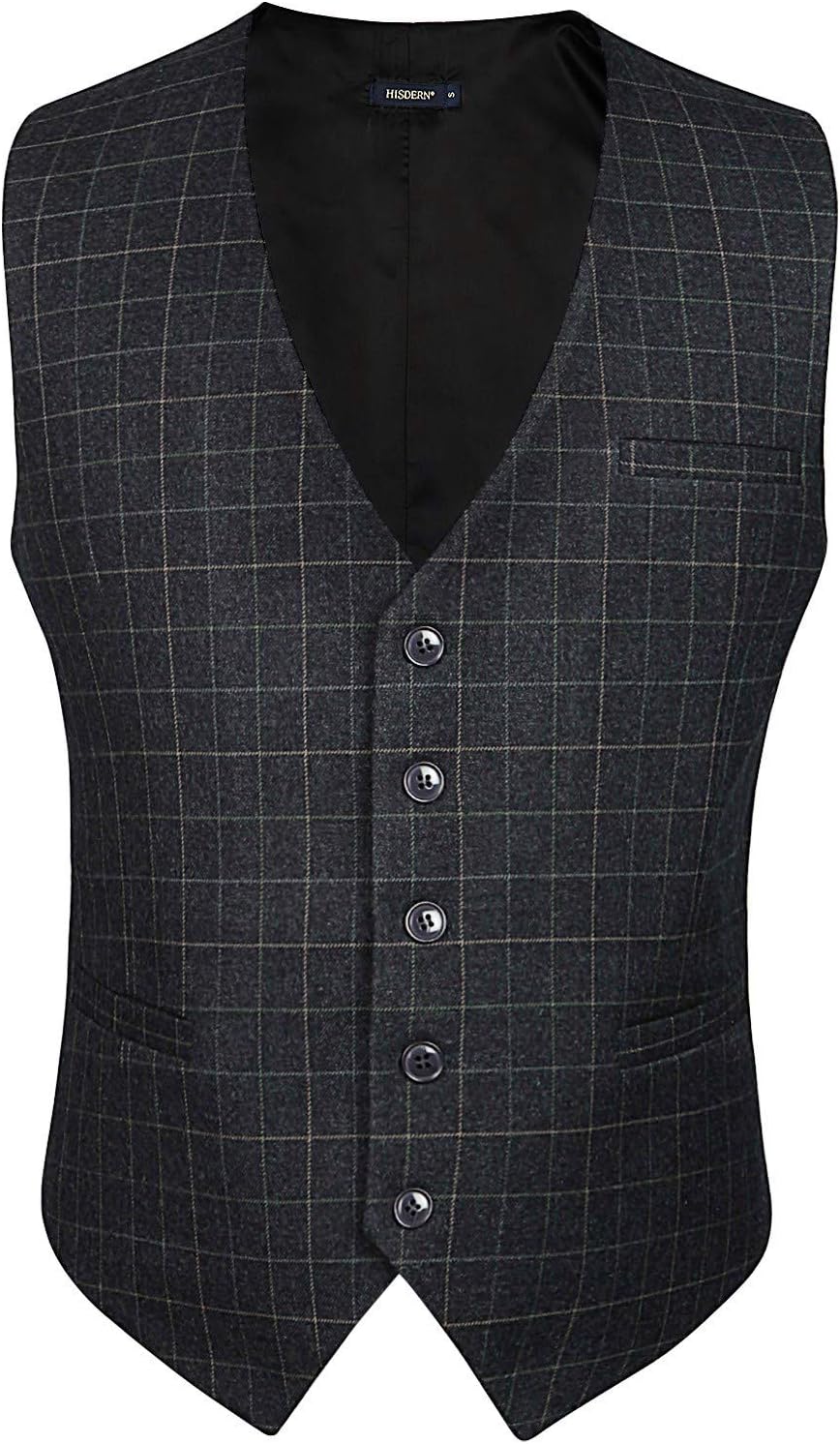HISDERN Manner Formale Hochzeitsfeier Weste Baumwolle Plaid Kleid Anzug Weste für Herren graues XS,