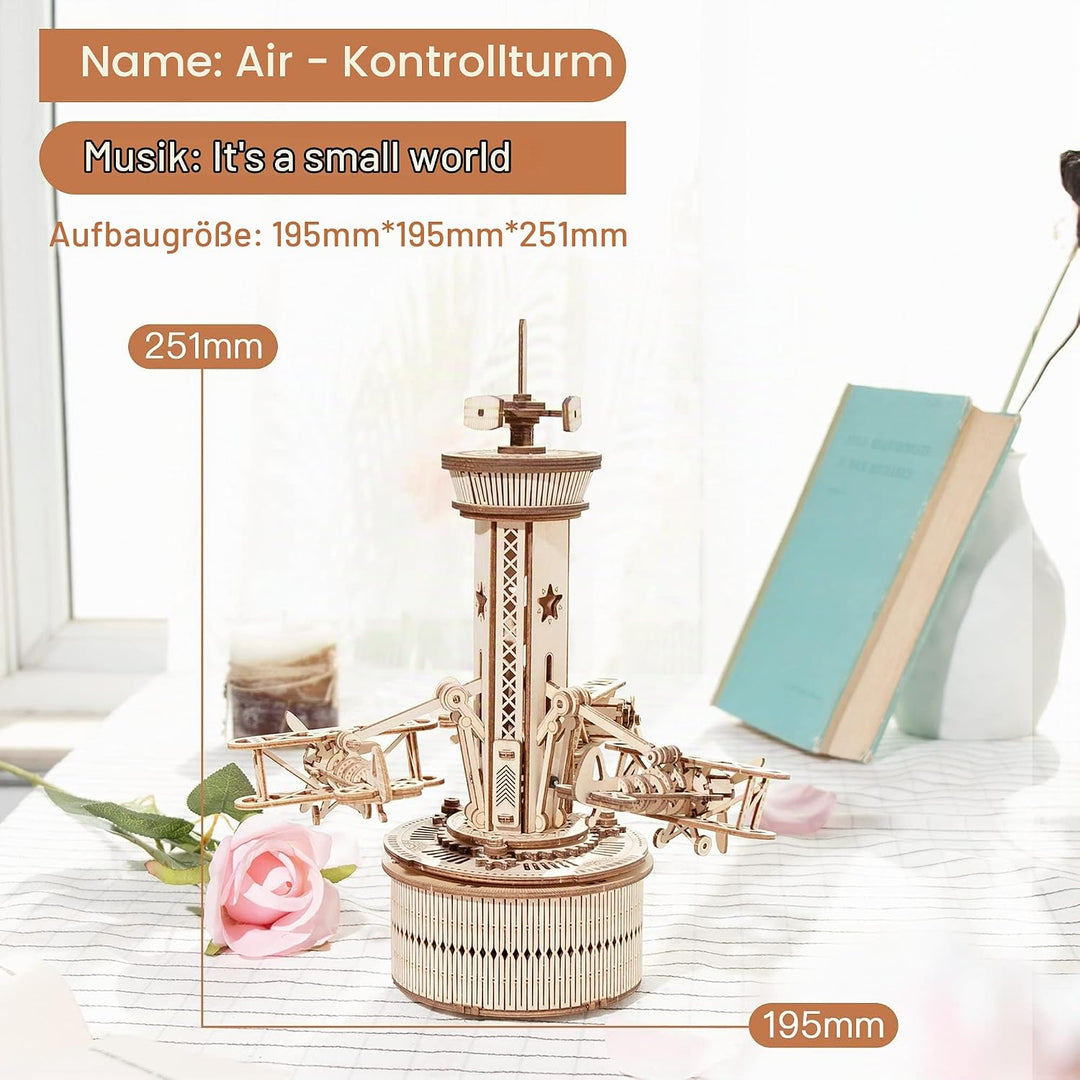 Robotime 3D Holzpuzzle Spieluhr Modellbausatz Mechanische Flugkontrollturm Holz Bastelset für Kinder