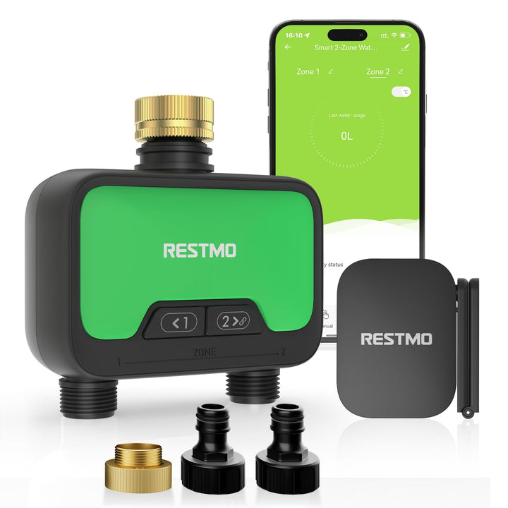 RESTMO 2 Zonen Bewässerungscomputer WLAN + RF Hub mit Durchflussmesser, Automatische Garten Bewässer