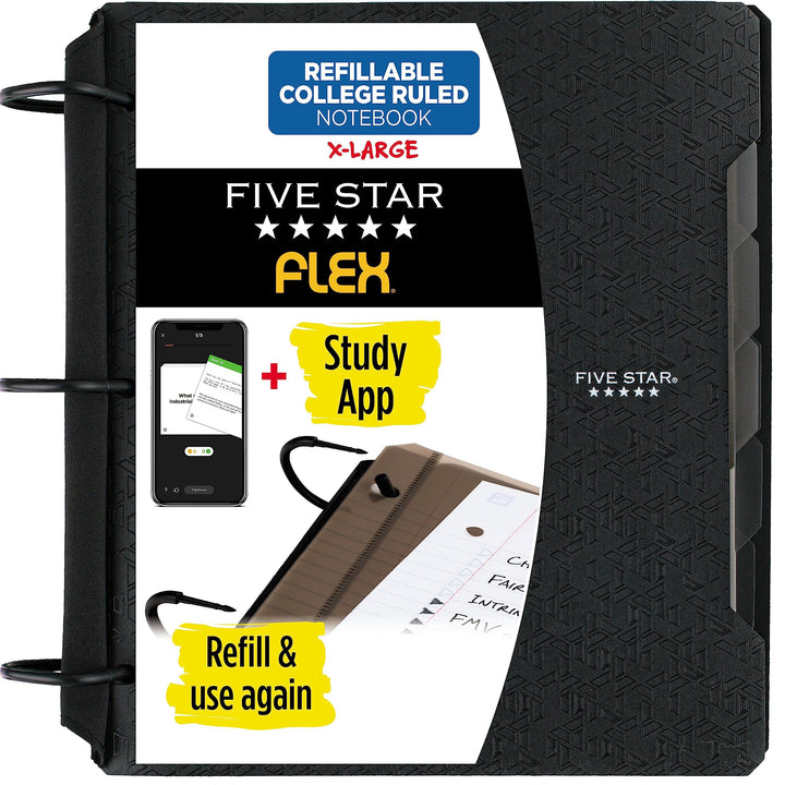 Five Star Flex Nachfüllbares Notizbuch + Lern-App, College-Papier, 3,8 cm TechLock-Ringe, Taschen, T
