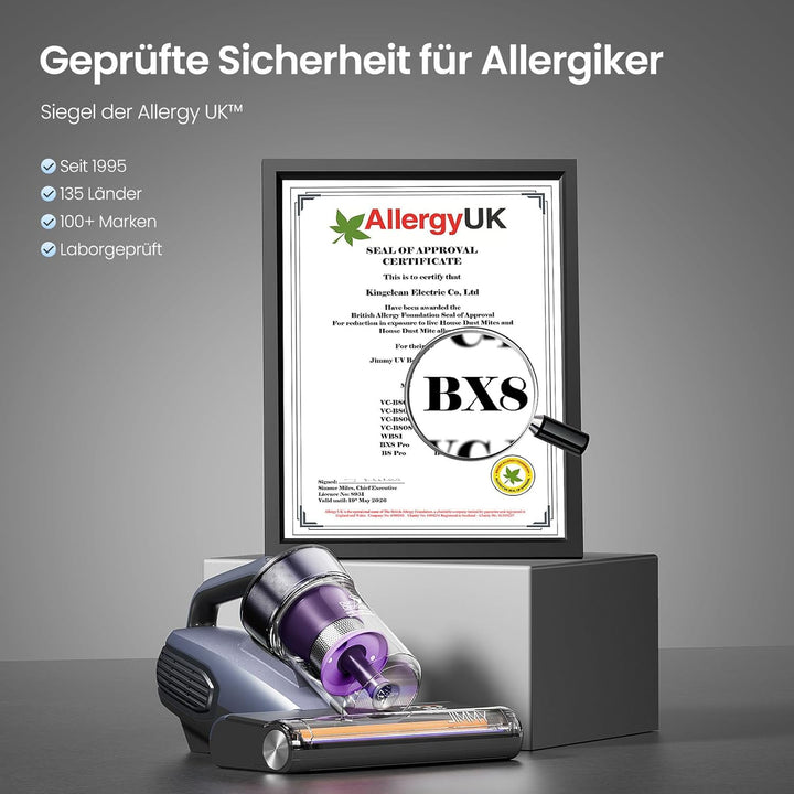 Jimmy BX8 Milbensauger für Matratzen mit UV-Licht & 65℃ Heissluft | Staubsensor, Negativ-Ionen-Funkt