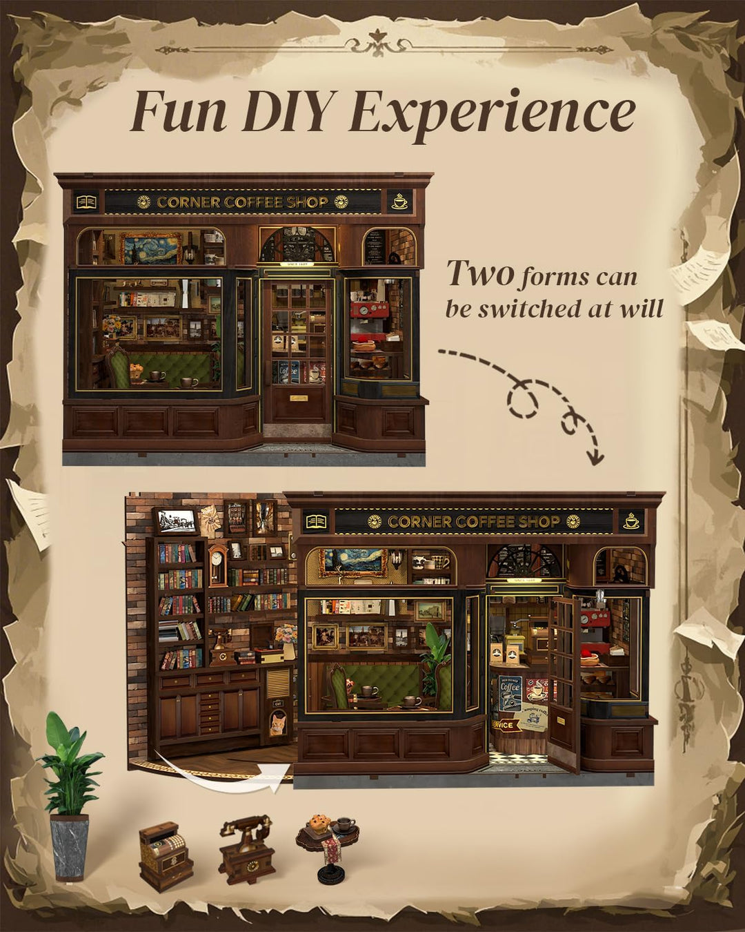 Cutefun Book Nook Kit mit LED-Beleuchtung & Staubschutzhülle - DIY Miniature House Holzmodell Puppen