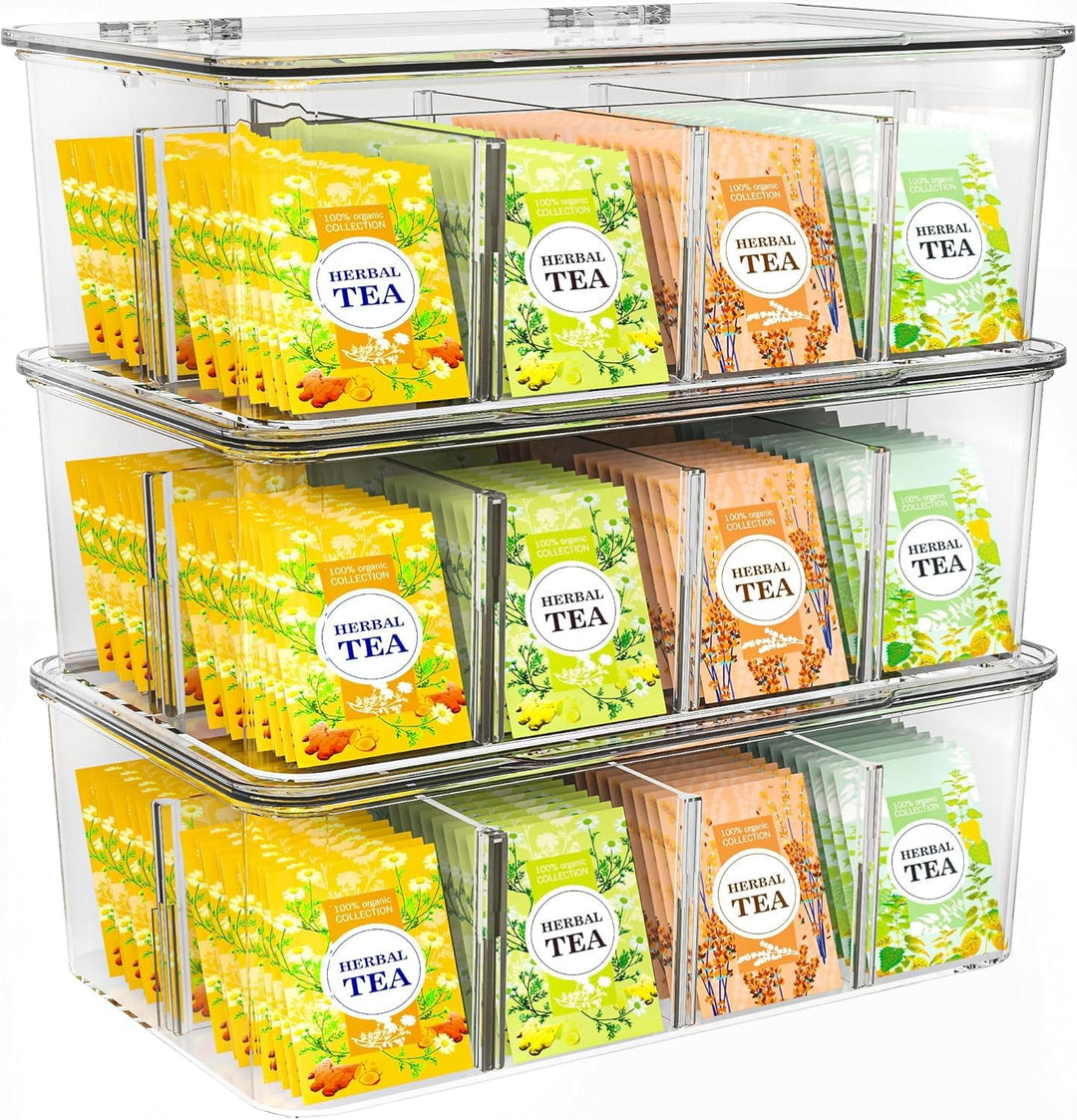 KICHLY Teebeutel Organizer 3er Pack - stapelbar Teebeutel Lagerung Veranstalter mit klaren Deckel Te