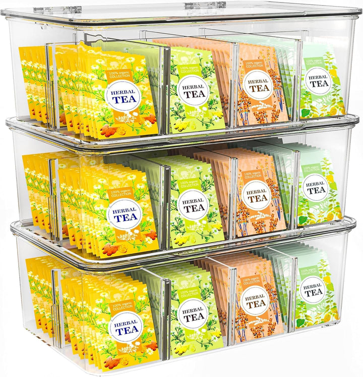 KICHLY Teebeutel Organizer 3er Pack - stapelbar Teebeutel Lagerung Veranstalter mit klaren Deckel Te