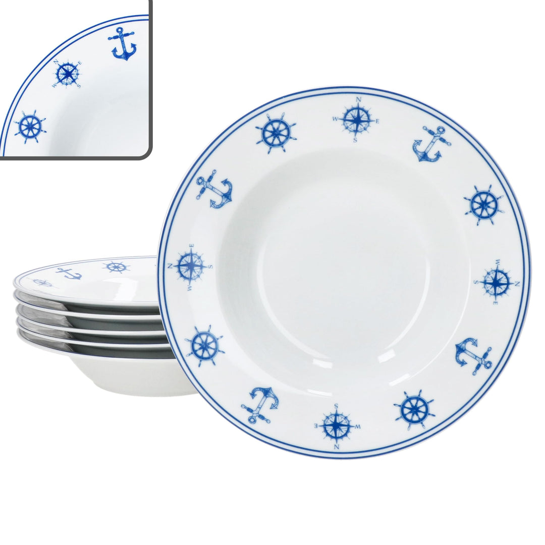 MamboCat 6er Set AHOI Suppenteller I 180ml I blau-weisse Porzellan-Teller mit nautischen Motiven für
