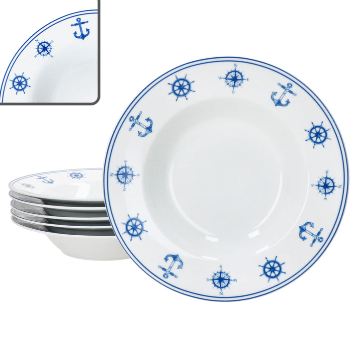 MamboCat 6er Set AHOI Suppenteller I 180ml I blau-weisse Porzellan-Teller mit nautischen Motiven für