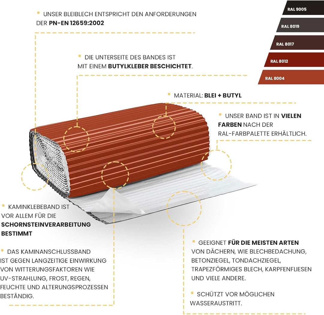 Seiletech.de Blei geriffelte Kaminanschlussband – 300mm – 35m – 7 x 5m – Kastanie RAL 8012 – selbstk
