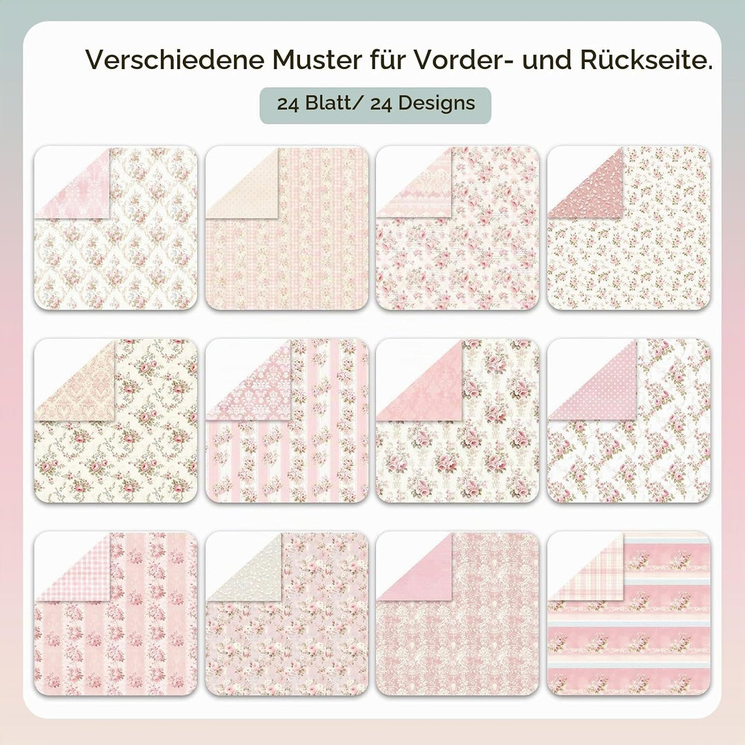 24 Blätter Scrapbooking Papier, 30,5 x 30,5 cm, Doppelseitiges Blumenmuster Muster Papier, 24 Design