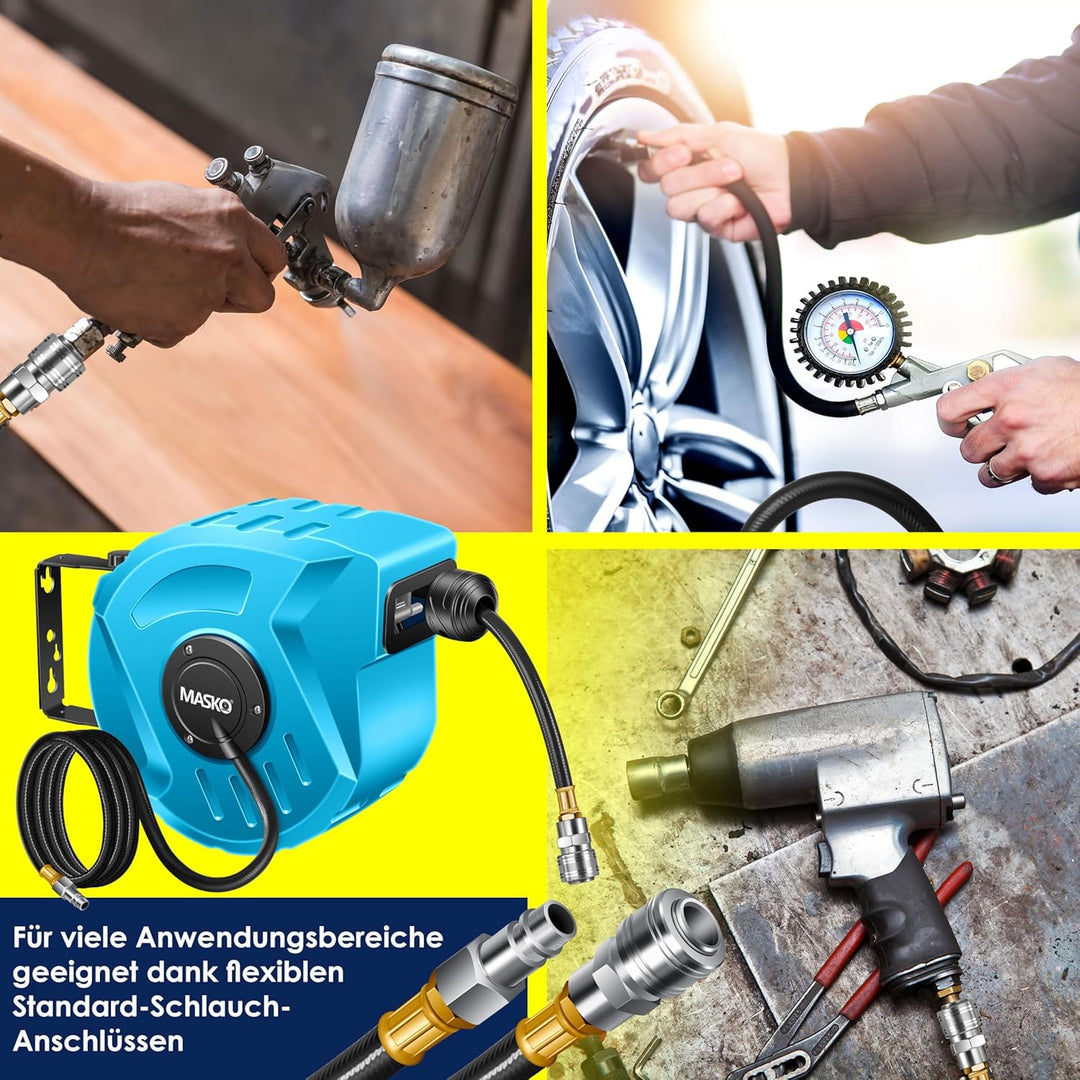MASKO® Automatik Druckluftschlauch Aufroller 10m – Schlauchtrommel mit 1/4" Anschluss, Schlauchaufro