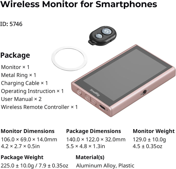 SMALLRIG Rosa Wireless Selfie Monitor Screen,Selfie Monitorbildschirm mit drahtloser Steuerung,1080P