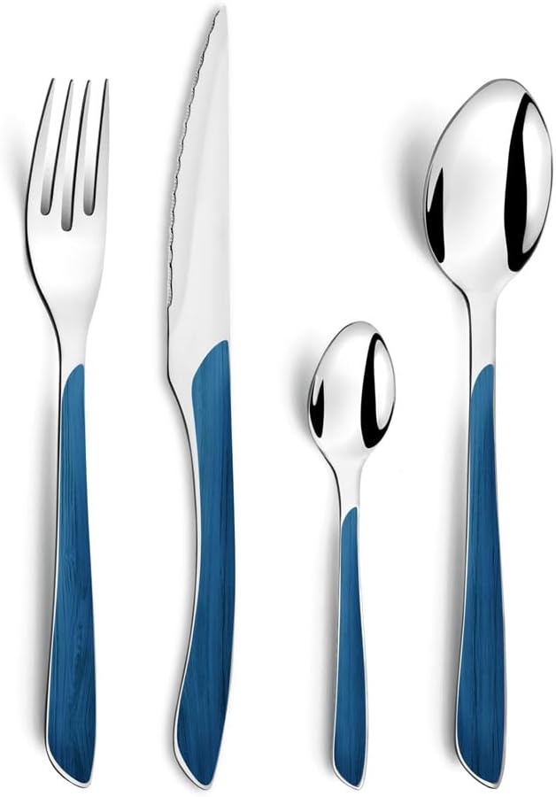 Amefa ECLAT Besteck Set | NATURE Blau Holz | Essbesteck 24-teilig für 6 Personen | Edelstahl rostfre