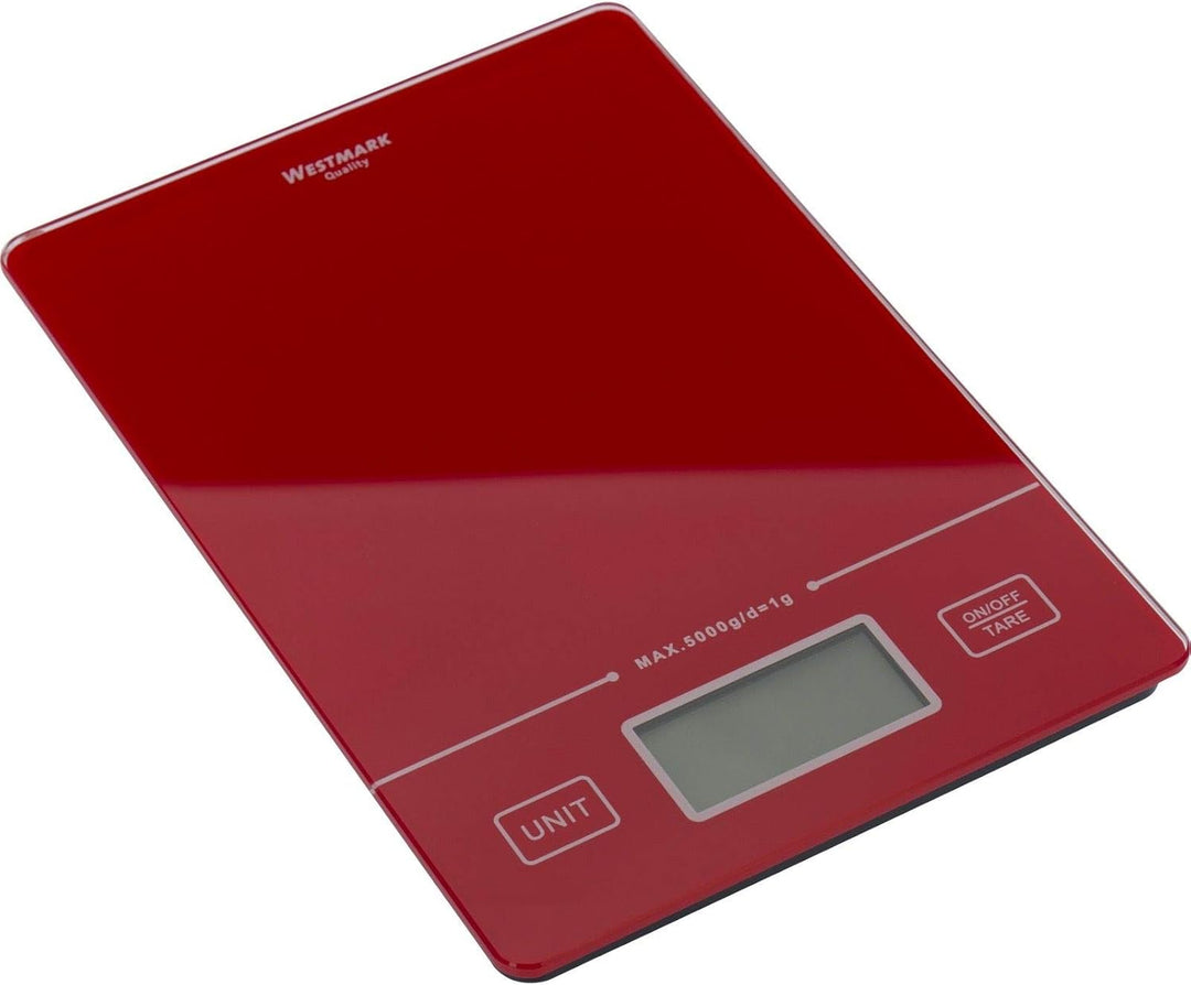 Westmark Digitale Küchenwaage mit Tara-Funktion, Wiegebereich bis 5 Kg, Glas-Wiegefläche, 22 x 15,3