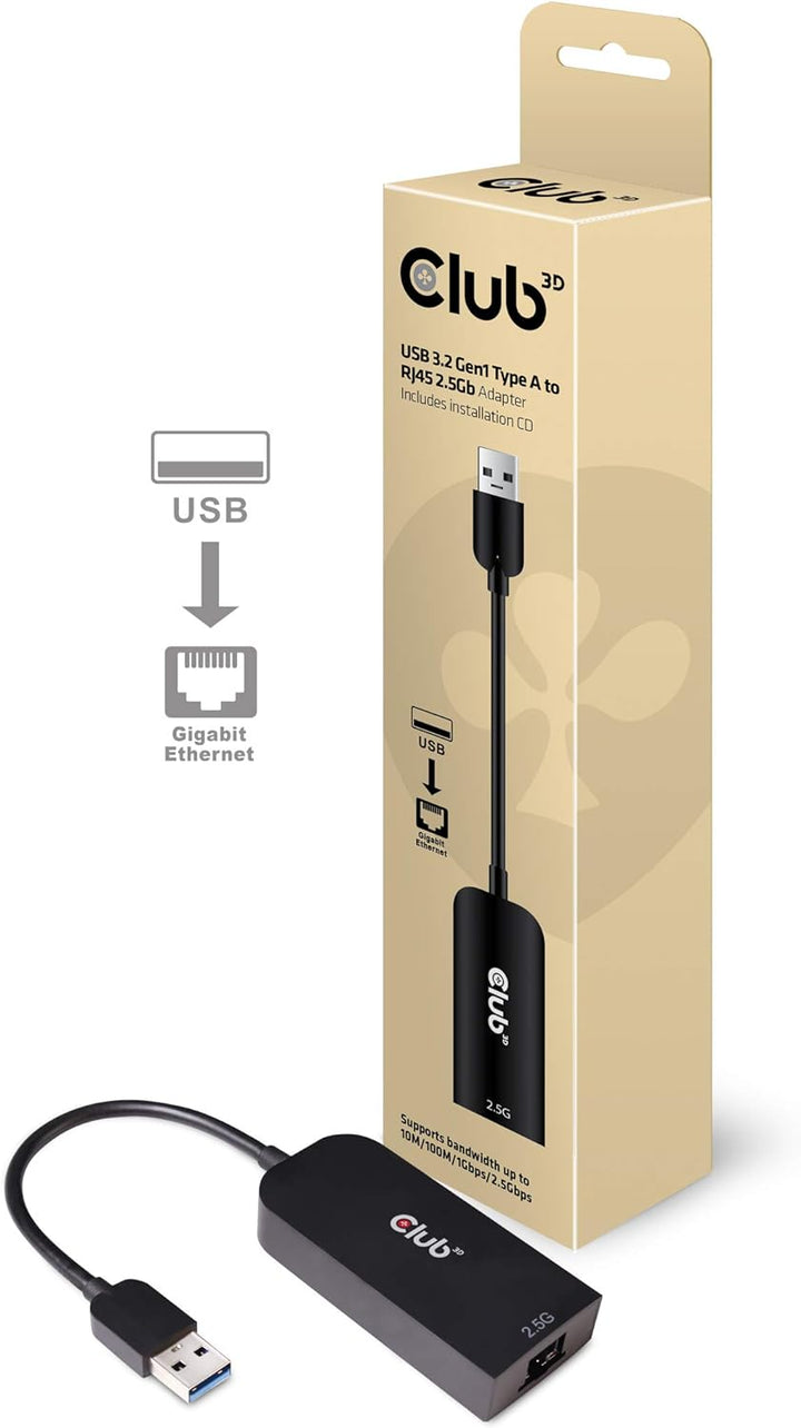 Club 3D USB 3.2 Gen1 Adapter Typ-A zu 2, 5 Gigabit Ethernet ST./BU. schwarz, CAC-1420