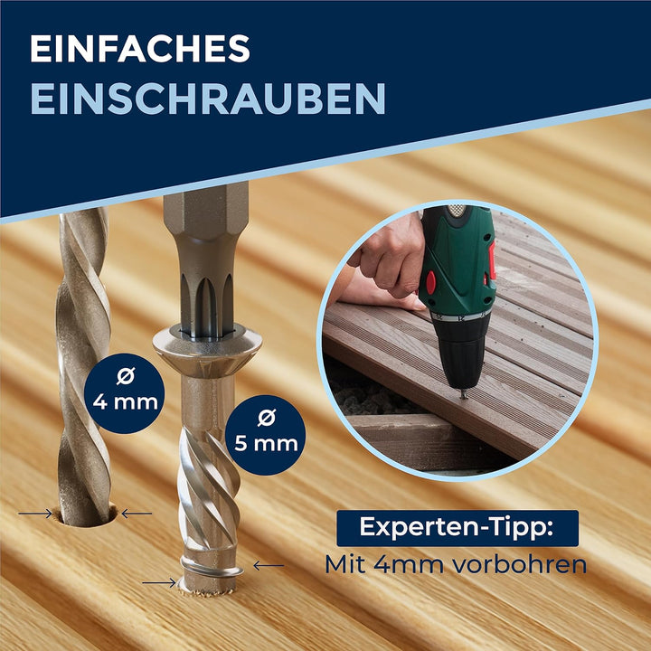 1000 Stück Terrassenschrauben 5 x 60 mm lang | PERFEKT für 25 mm Terrassendielen | rostfreier gehärt