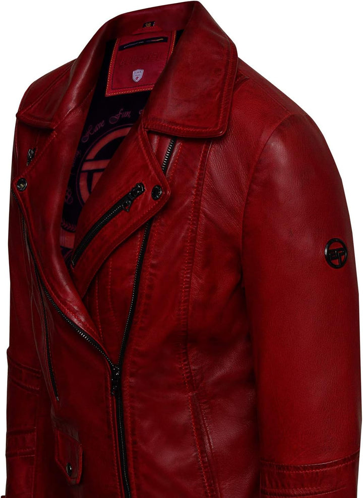 Bluepiel Poula Damen Lederjacke - Modernen Biker-Look - Echt Leder Jacke Rot Tailliert mit Reverskra