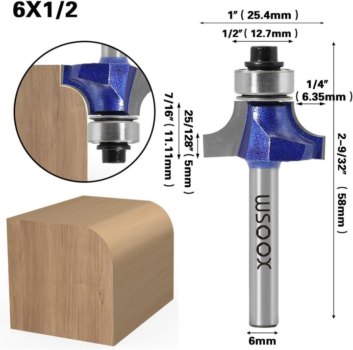 WSOOX 4 Stück Abrundfräser Standard Fräser Set für Holz mit 6mm Schaft, Fräser für Oberfräse Set