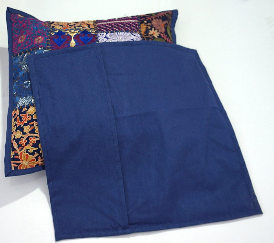2 x ethnische Sari-Patchwork-Kissenbezüge, 40,6 x 40,6 cm, besticktes Kissen, blaues indisches Patch