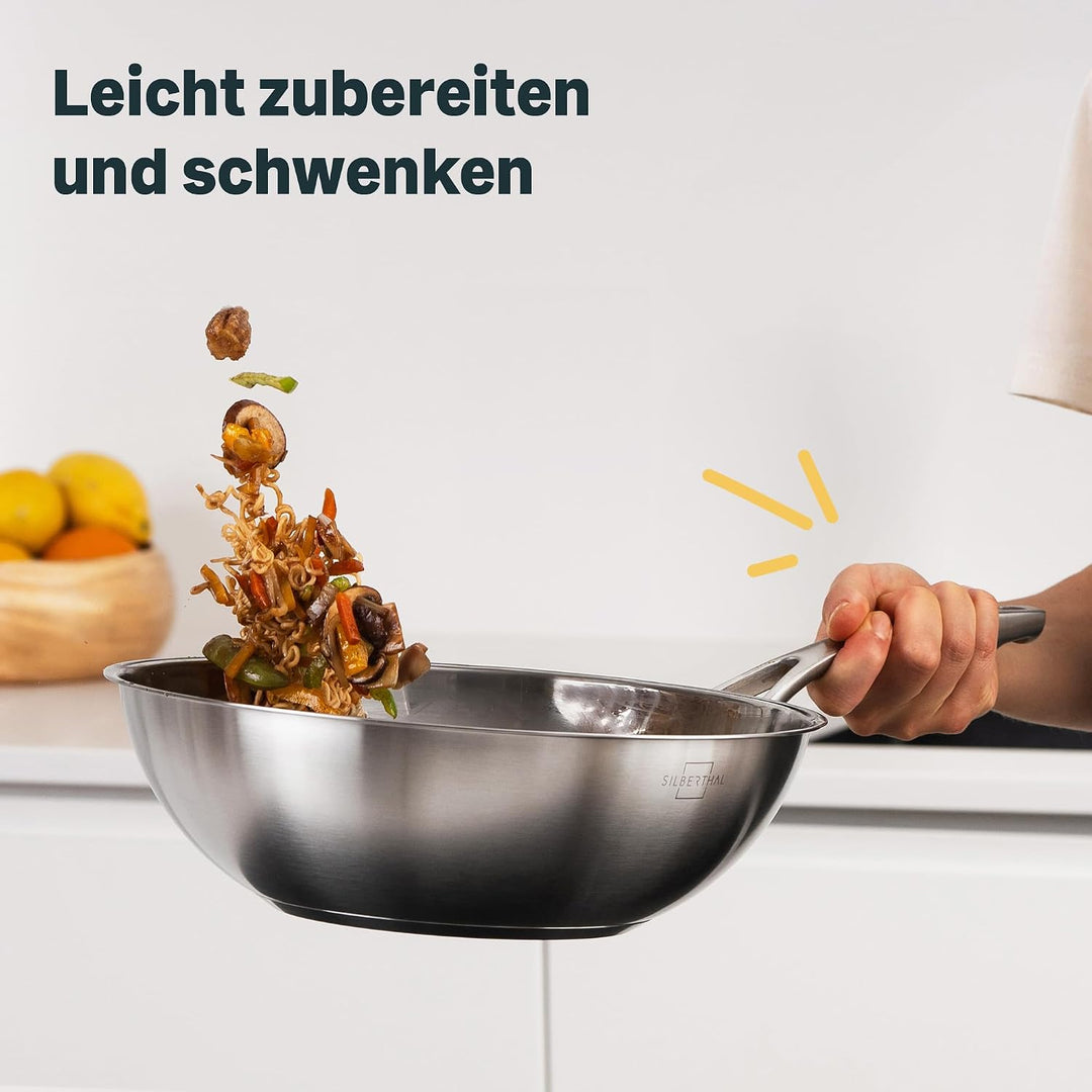 SILBERTHAL Edelstahl Wok Unbeschichtet 28 cm Deckel PFOS &amp; PFOA &amp; PTFE frei