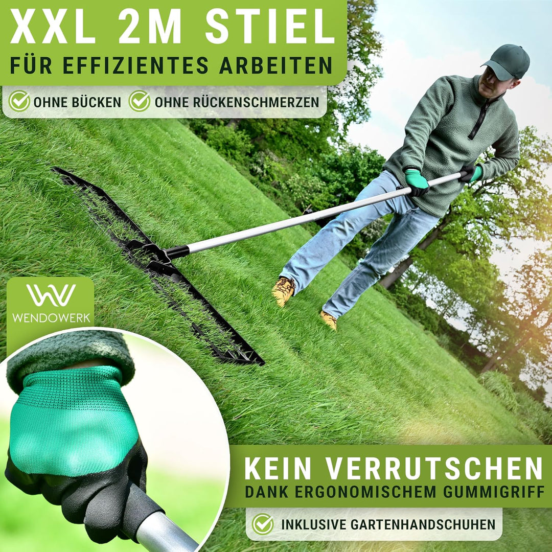 [80x30cm] Rasennevilierrechen Schwarz mit extra langem Stiel [2 Meter] Inkl. Gartenhandschuhe - Hand