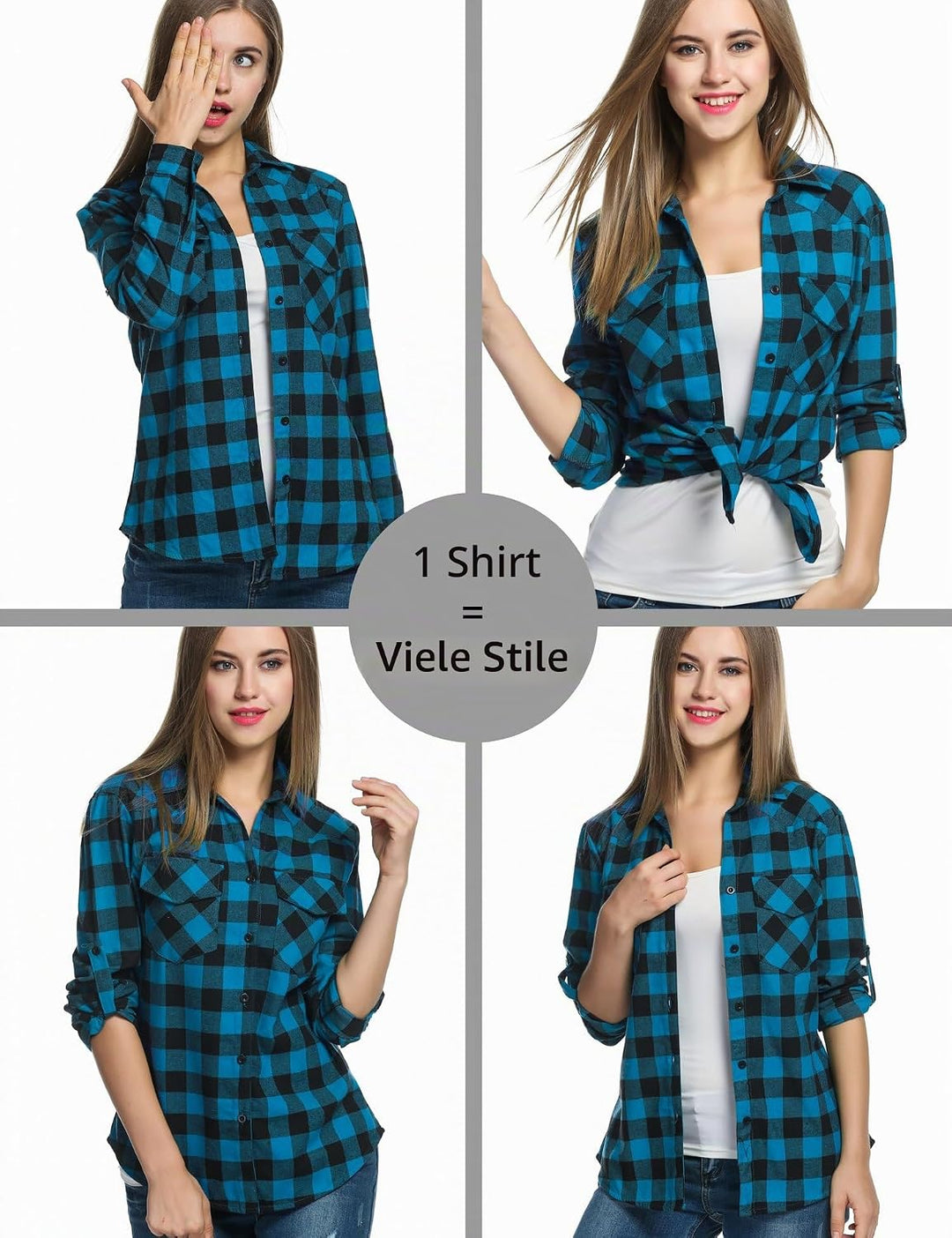 UNibelle Damen Kariertes Hemd mit Knopfleiste Kurz/Langarm Oktoberfest Bluse Karo Tunika Baumwolle T