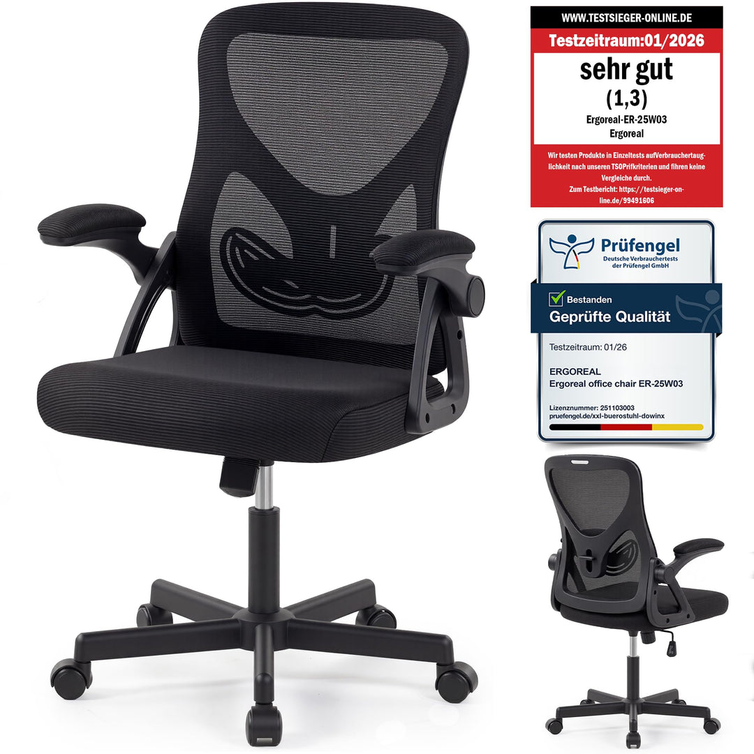 Bürostuhl ergonomisch – Schreibtischstuhl Netz, Lendenstütze 150kg | Klappbare Armlehnen, verstellba