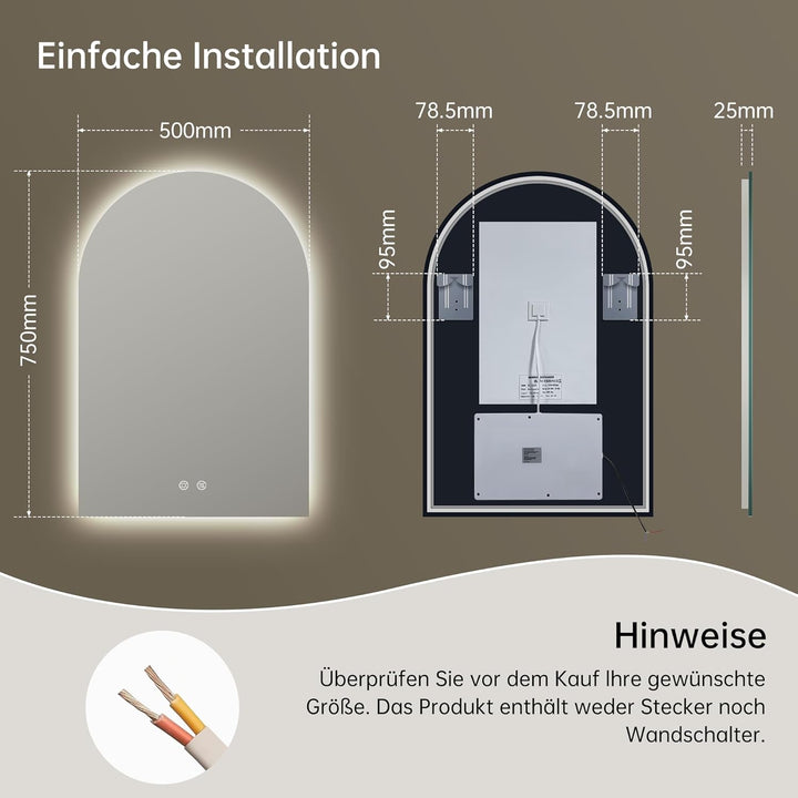 OUMUSU Badspiegel mit Beleuchtung Bogen 50x75 cm, Rahmenlos Badezimmerspiegel mit Beleuchtung, Gewöl