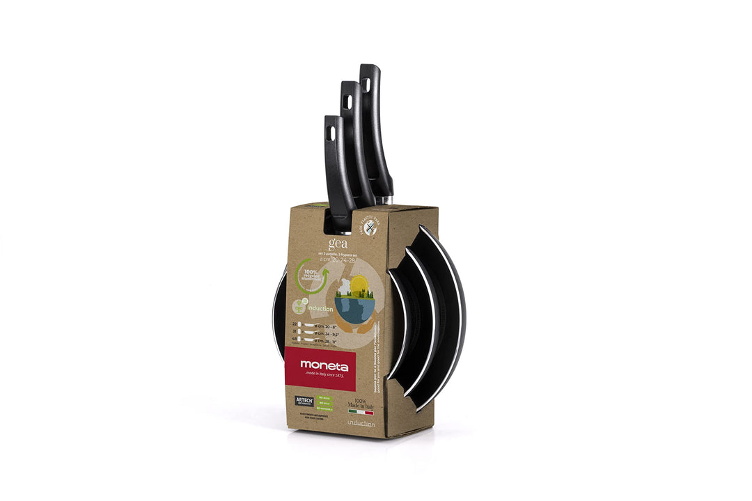 Moneta Gea Pfannen-Set, 20 – 24 – 28 cm, Aluminium, 100% recycelt, für jede Kochplatte inklusive Ind