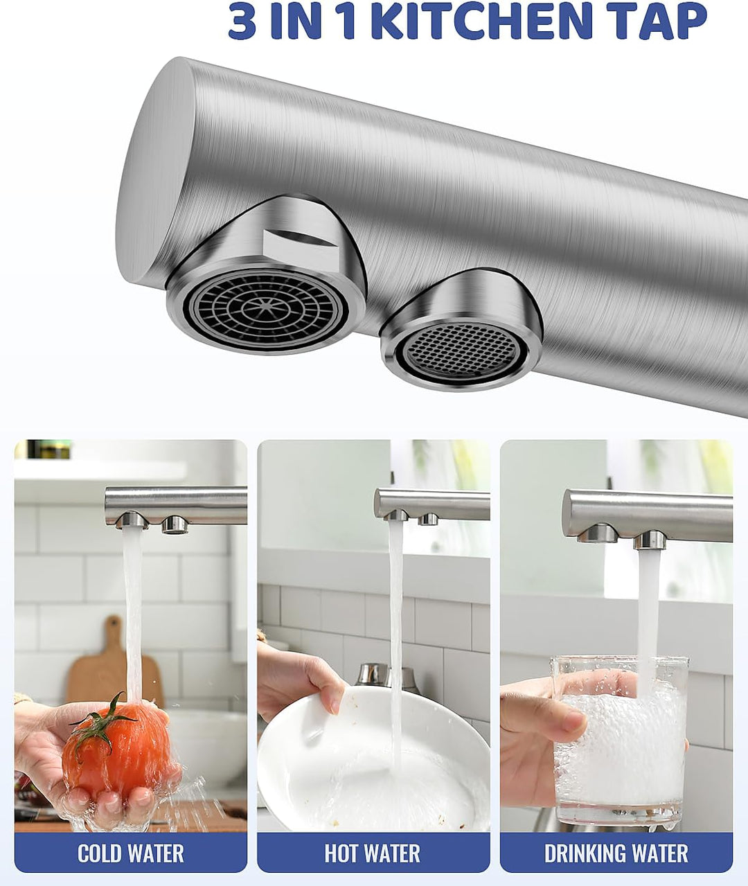3 Wege Wasserhahn Küche, Küchenarmatur 360° Drehbar APPASO, 3 in 1 Mischbatterie Küche für Wasserfil