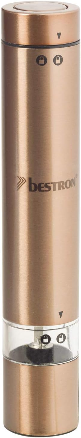 Bestron Elektrische Gewürzmühle für Salz und Pfeffer, Mit Keramik-Mahlwerk, Kupfer