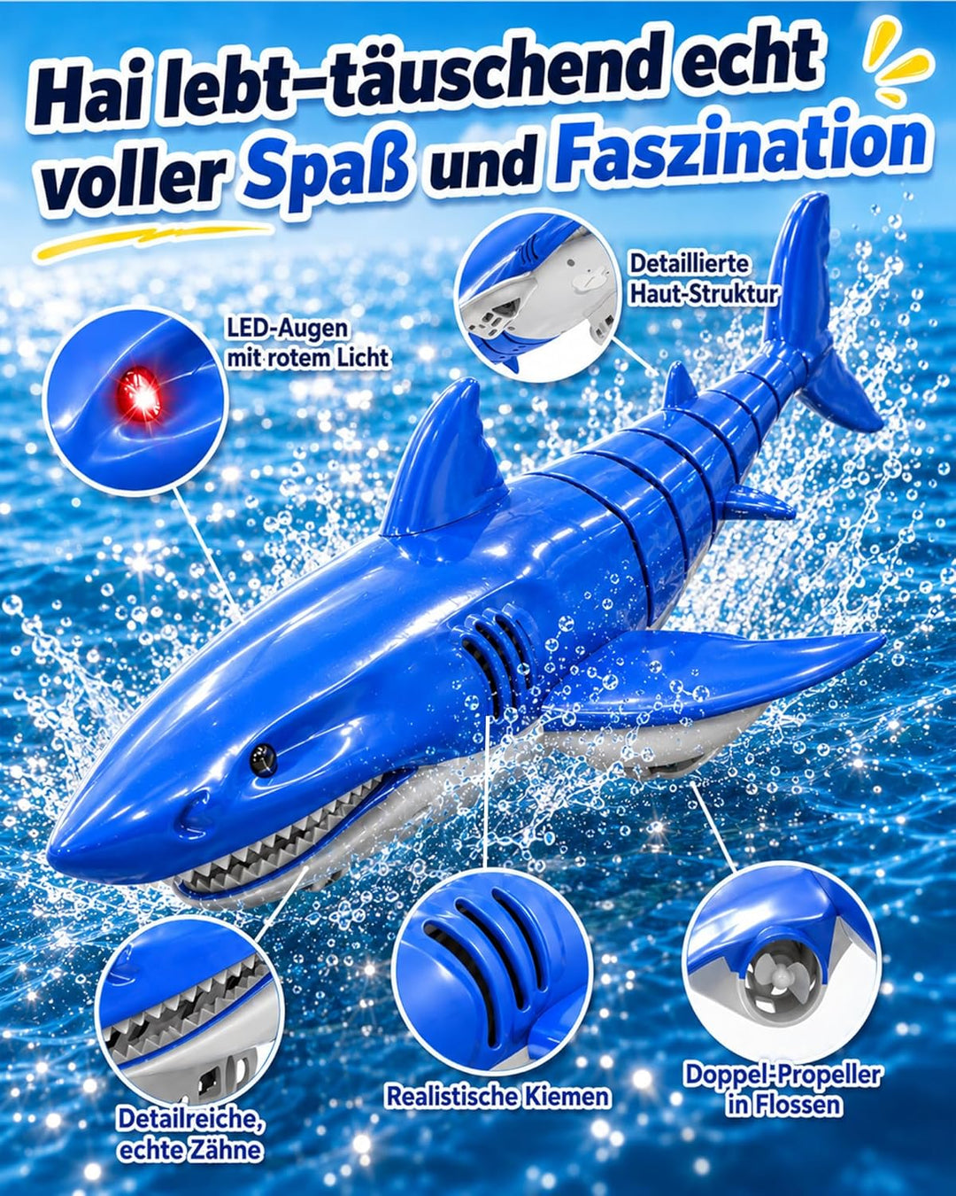 KOKODI Ferngesteuerter Robo-Hai für Kinder ab 3 Jahren – RC Wasserspielzeug mit Licht &amp; Wasserdichte