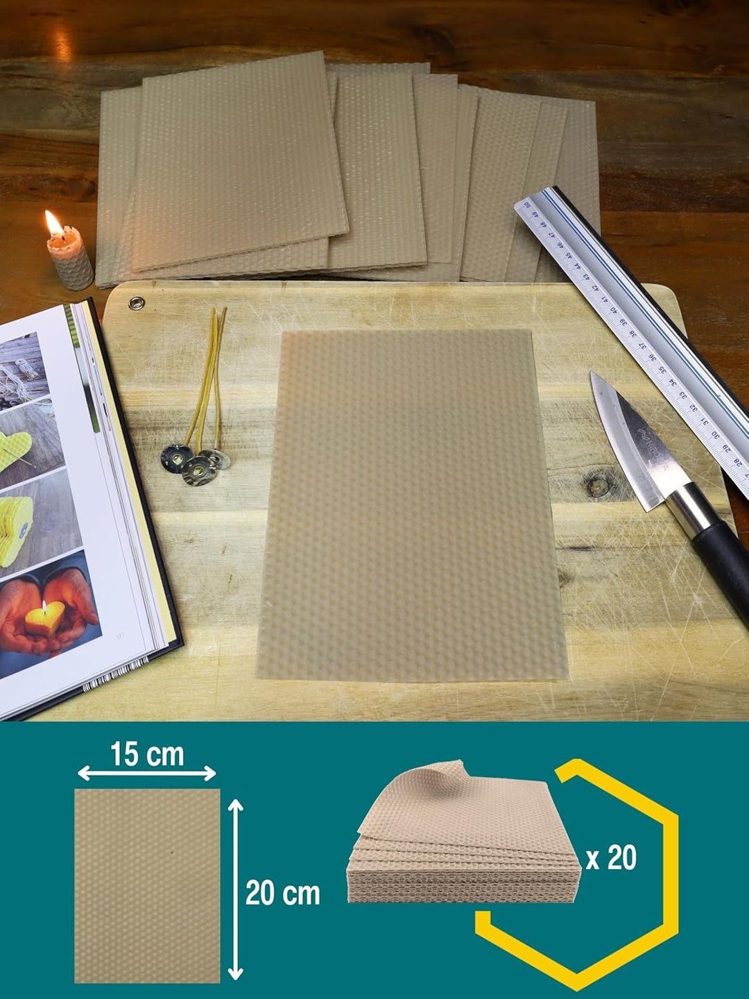 Wachsmann 20 Bienenwachsplatten aus Deutschland, beige, Wachsplatten 20 x 15 cm, Bienenwachs Kerzen