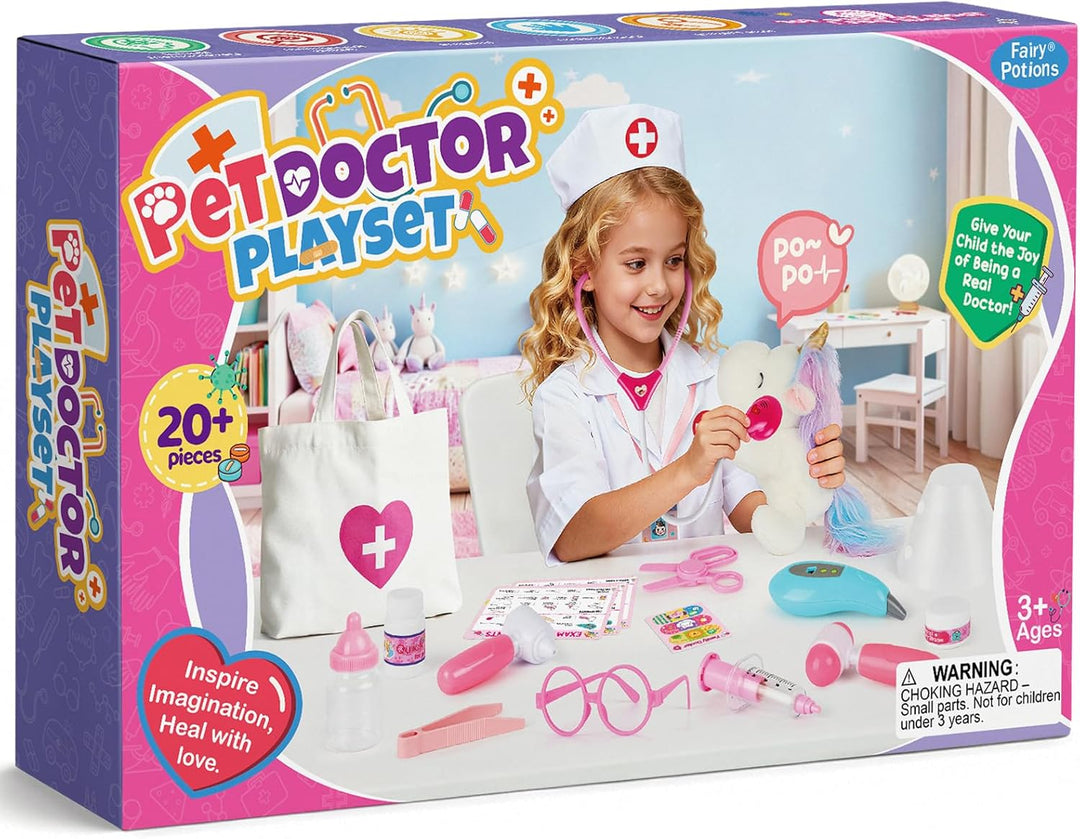 Kinder Arztkoffer, Tierarzt Spielzeug Set mit Plüsch Einhorn & Arztkittel, Rollenspiel für Kinder ab
