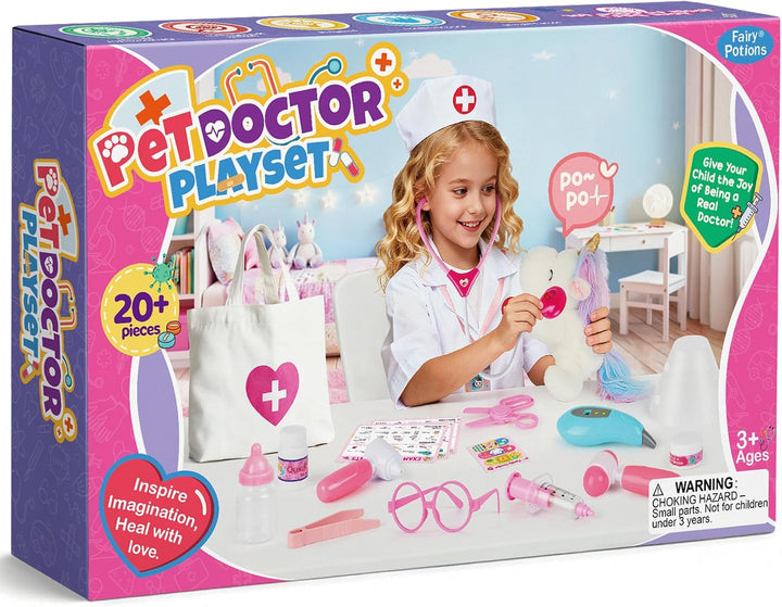 Kinder Arztkoffer, Tierarzt Spielzeug Set mit Plüsch Einhorn & Arztkittel, Rollenspiel für Kinder ab