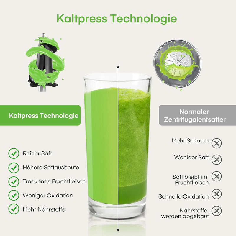 FOHERE Slow Juicer Entsafter Gemüse und Obst 119MM Öffnun Elektrische Kaltpresse mit Ruhigem 200 Wat