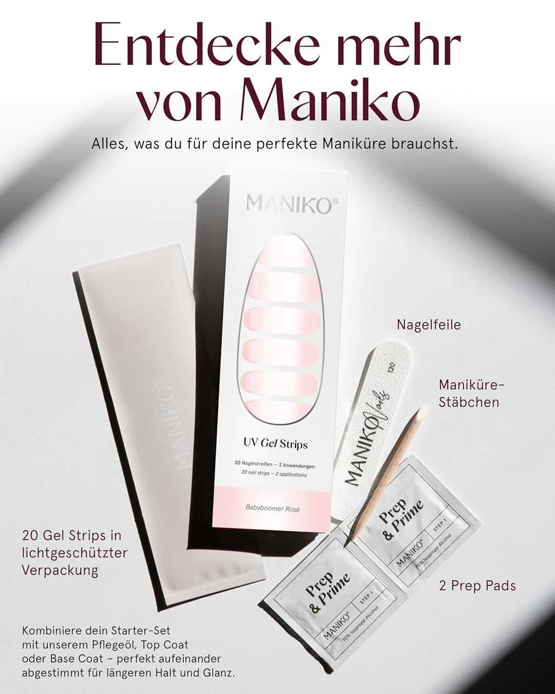 Maniko UV Gel Strip Komplettset Rose Babyboomer (Rosa Weiss) – UV Nagelsticker mit UV Lampe &amp; Remove