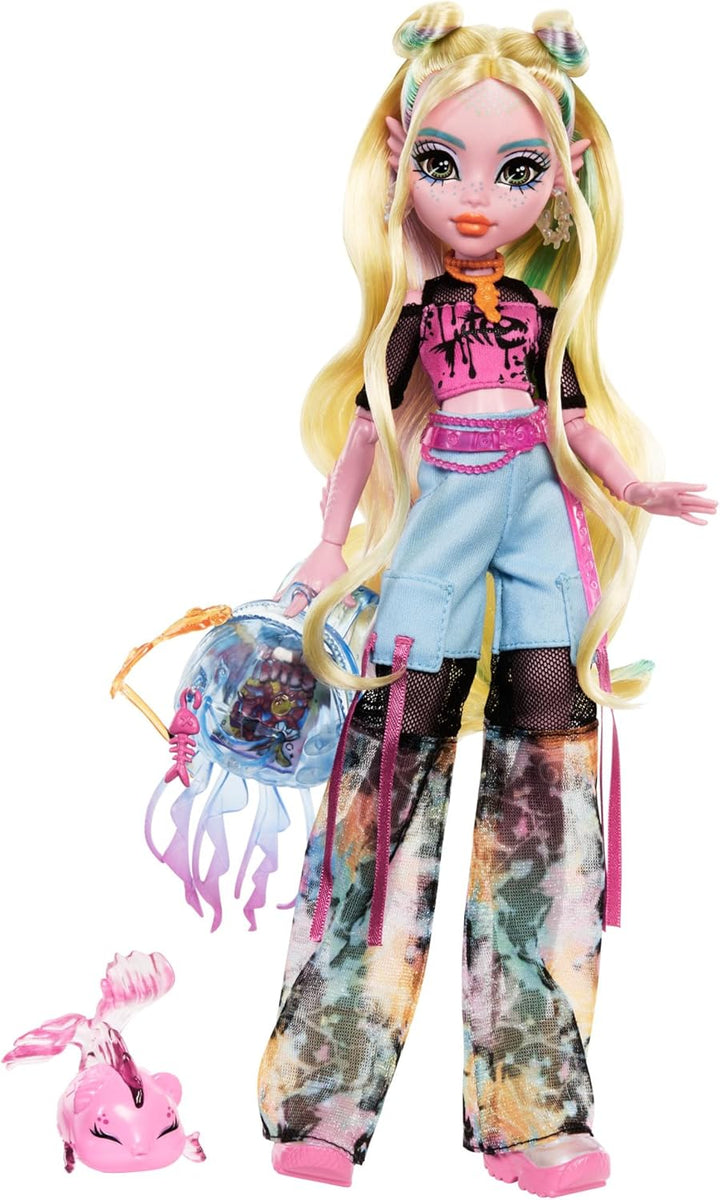 Monster High Lagoona Blue Puppe in Mesh-T-Shirt und Cargohose mit Haustierfisch Neptuna und Accessoi