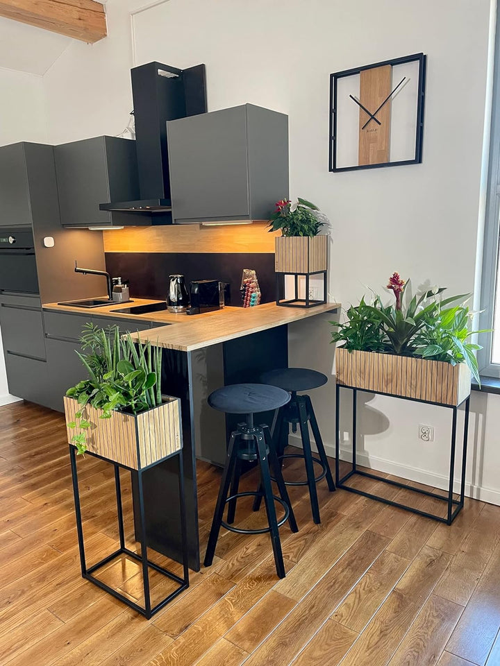 FLEXISTYLE Pflanzenständer LOFT FIORINO Metall Eiche Holz Lamelle Blumenständer Schwarz Blumentopf m