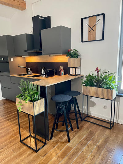FLEXISTYLE Pflanzenständer LOFT FIORINO Metall Eiche Holz Lamelle Blumenständer Schwarz Blumentopf m