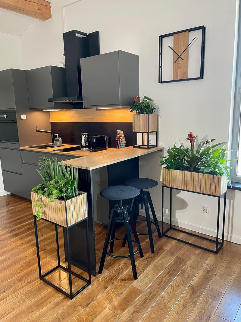 FLEXISTYLE Pflanzenständer LOFT FIORINO Metall Eiche Holz Lamelle Blumenständer Schwarz Blumentopf m