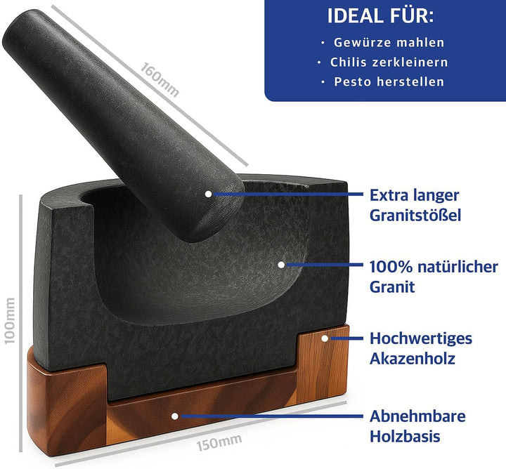 Rosenstein & Söhne Mörser Küche: Set mit Mörser und Stössel aus Granit und Holz, 14 cm (Gewürz-Zerkl